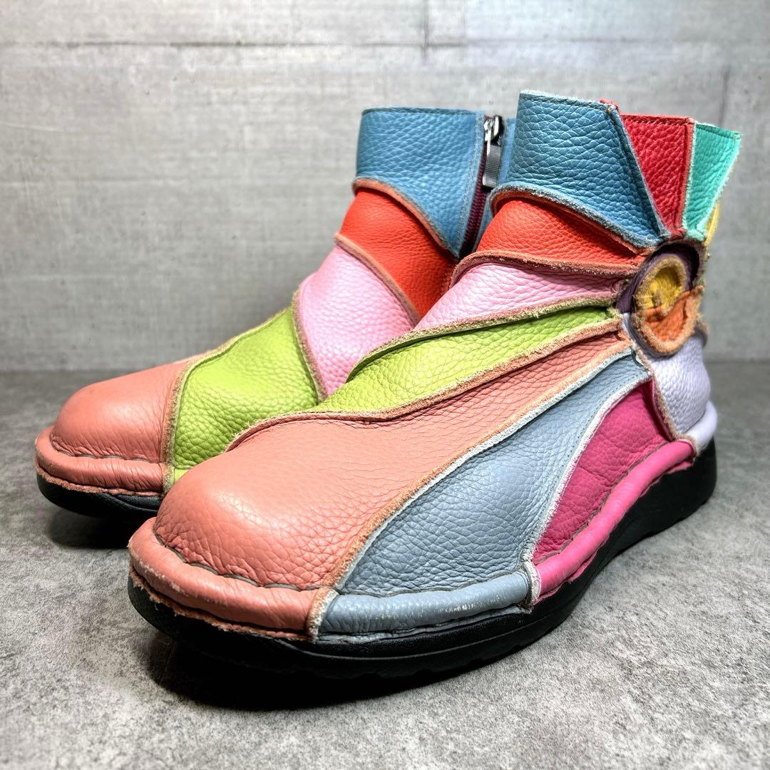 美品✨【エスタシオン】レザーショートブーツ/レインボー/厚底/コンフォート✨総柄