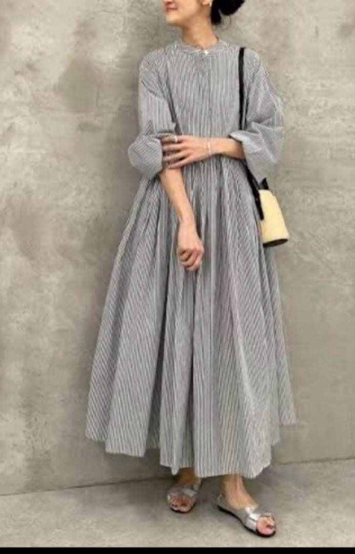beardsley大人かわいいストライプ柄長袖バンドカラーロングワンピサイズ1