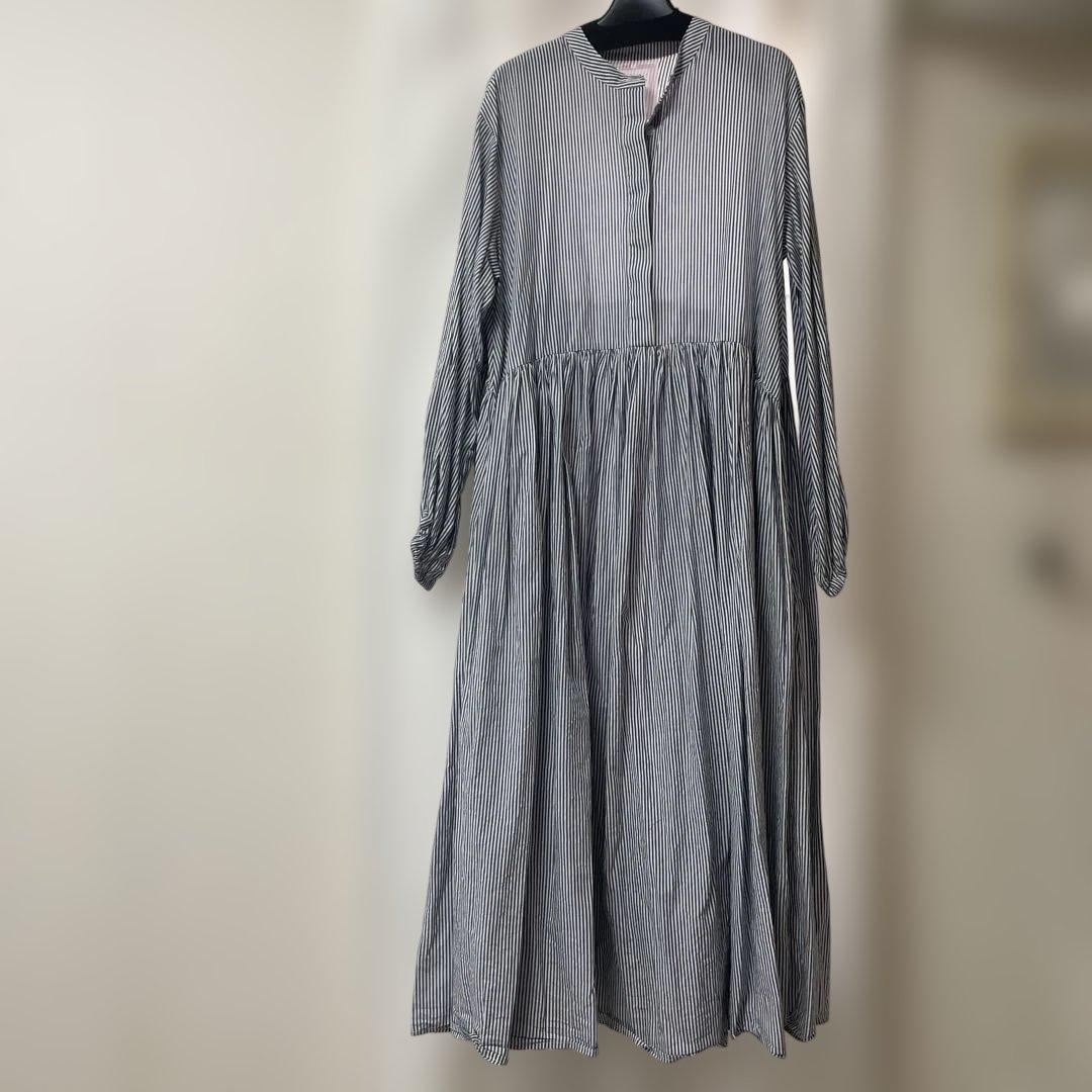 beardsley大人かわいいストライプ柄長袖バンドカラーロングワンピサイズ1