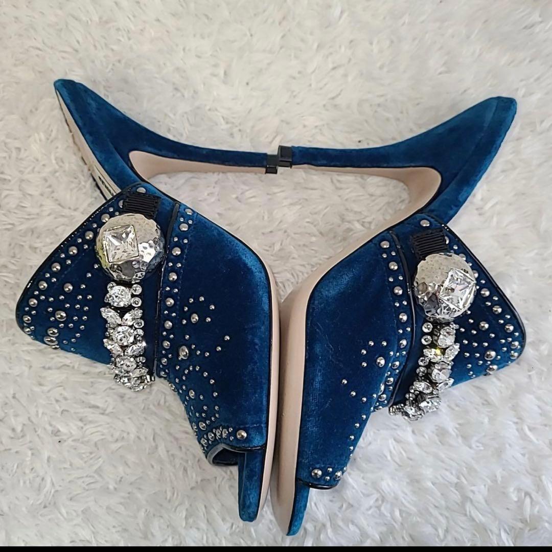 miumiu ブルーベルベット ミュール スタッズ クリスタル 装飾 美品 春夏