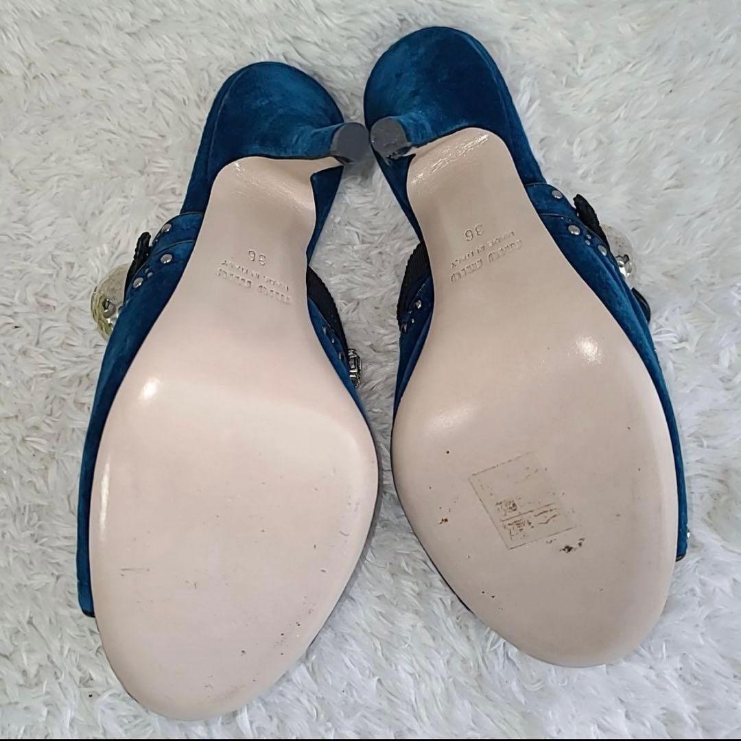miumiu ブルーベルベット ミュール スタッズ クリスタル 装飾 美品 春夏