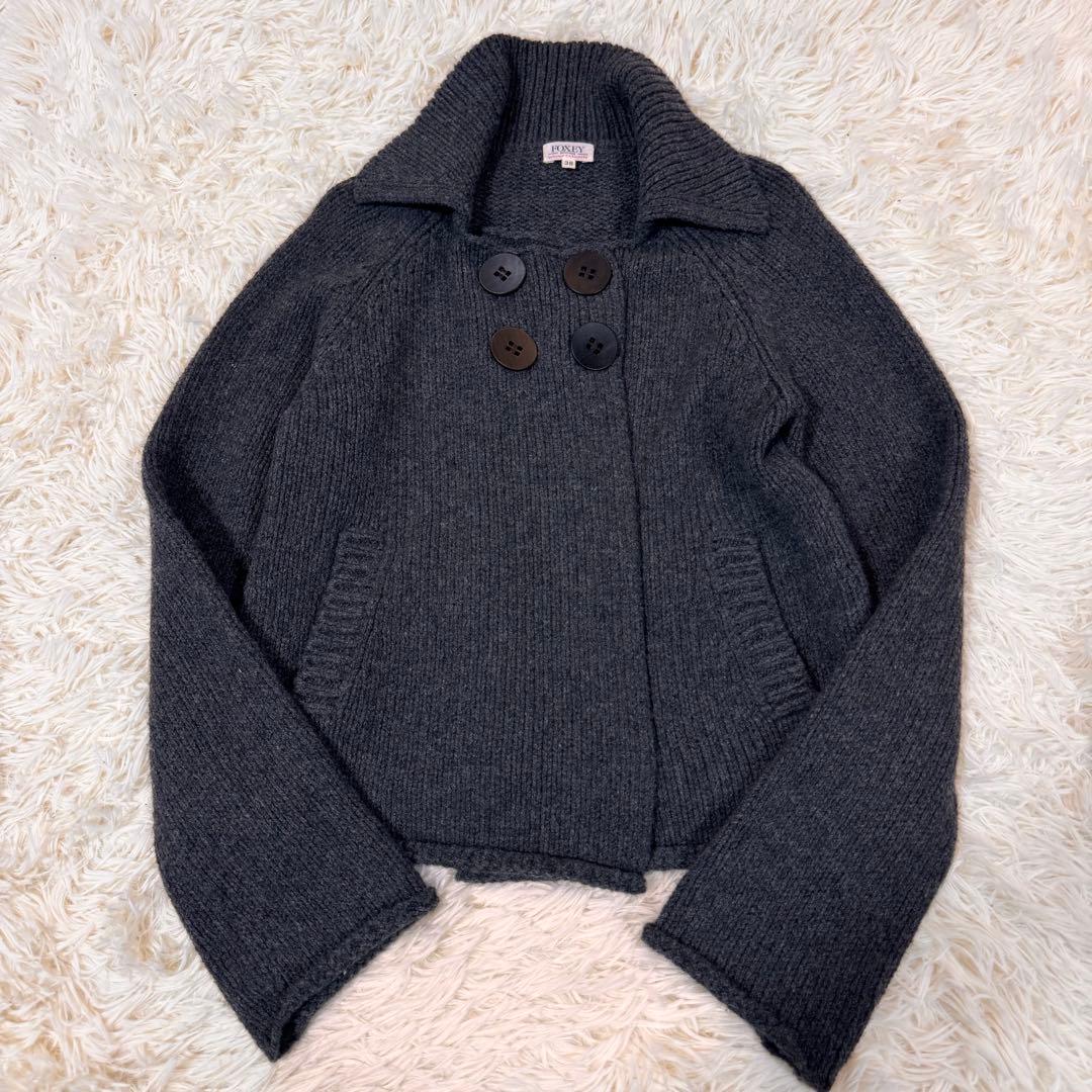 美品　FOXEY　ニットカーディガン　カシミヤ　シルク　水牛釦　グレー　38