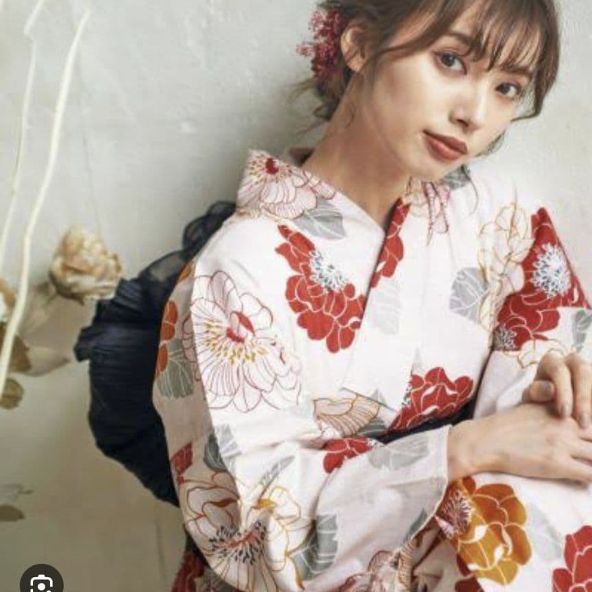 dita 浴衣 如月の椿 赤 花 マスタードイエロー グレー 黒 黄 くすみ