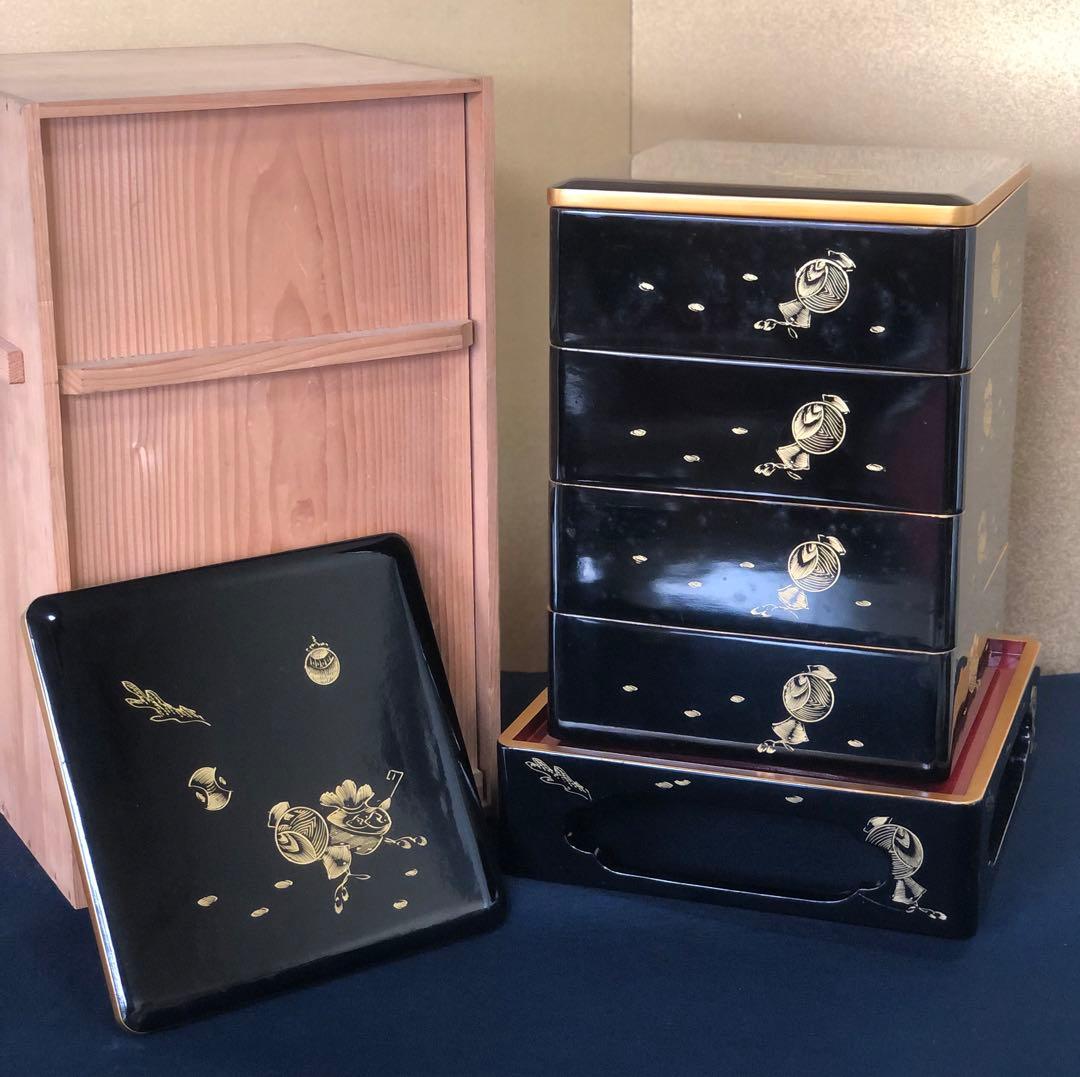 《R》黒内朱 沈金宝尽し 四段重 替蓋 重台付 木箱 251204お3