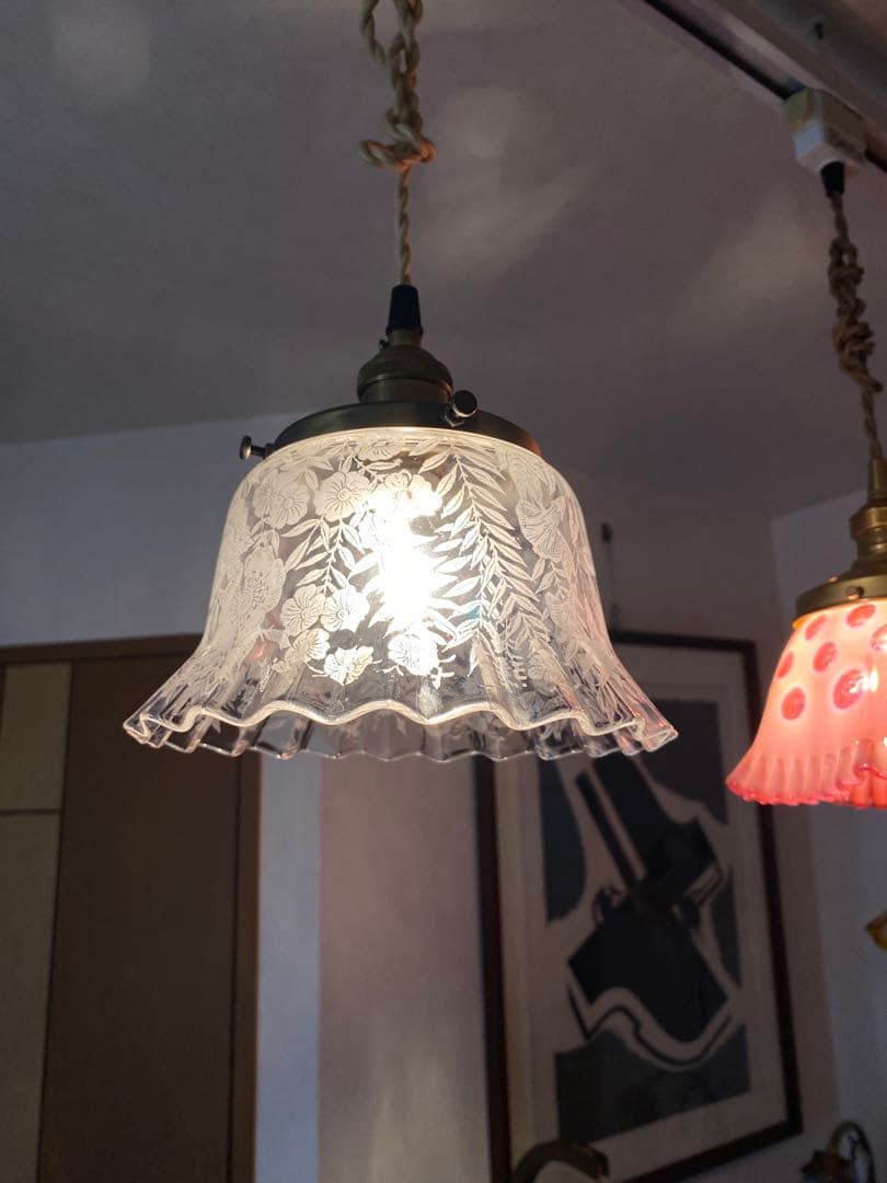 アンティーク　ビクトリアン　ガス燈　ガラスシェード　ペンダントライト灯具付き