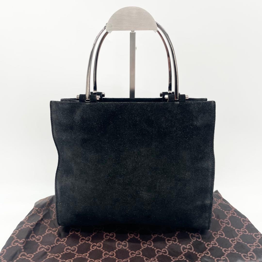 GUCCI スエード　メタルハンドル　ハンドバッグ　ブラック　レザー