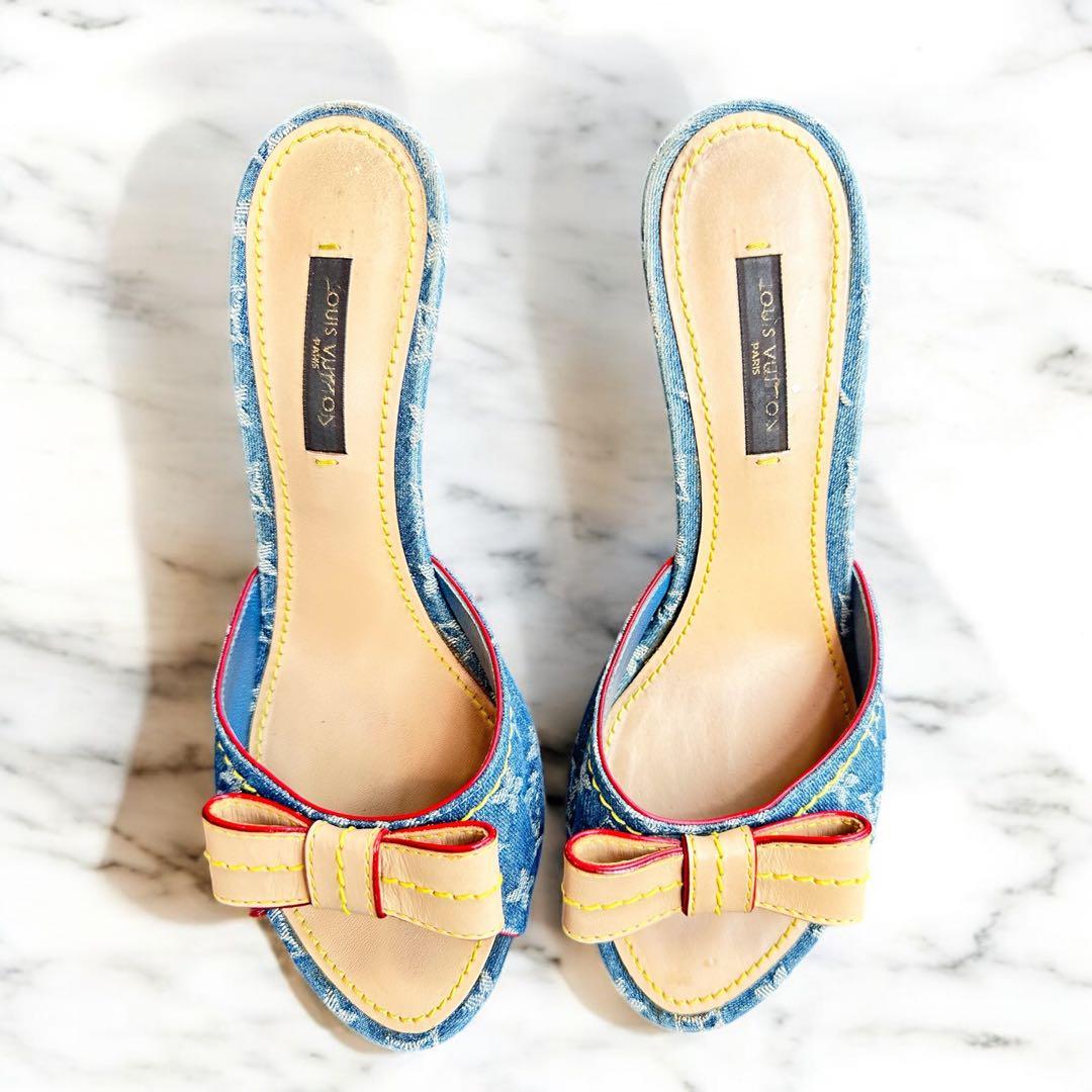 Louis Vuitton モノグラム デニムリボンミュール 23cm