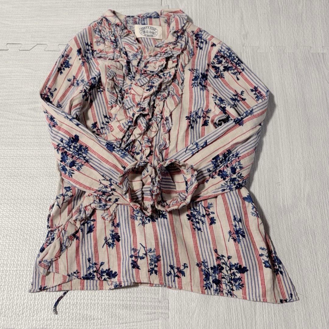 45R ラッフルフリル コットンブラウス 長袖シャツ ボタニカル 花柄