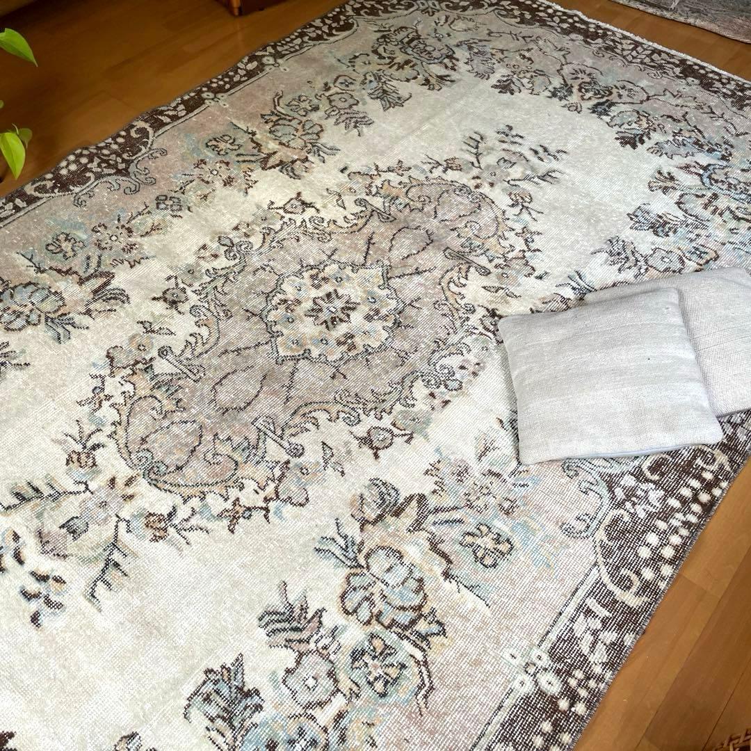 超大判170×292 フローラルメダリオン　グレージュ　トルコヴィンテージラグ
