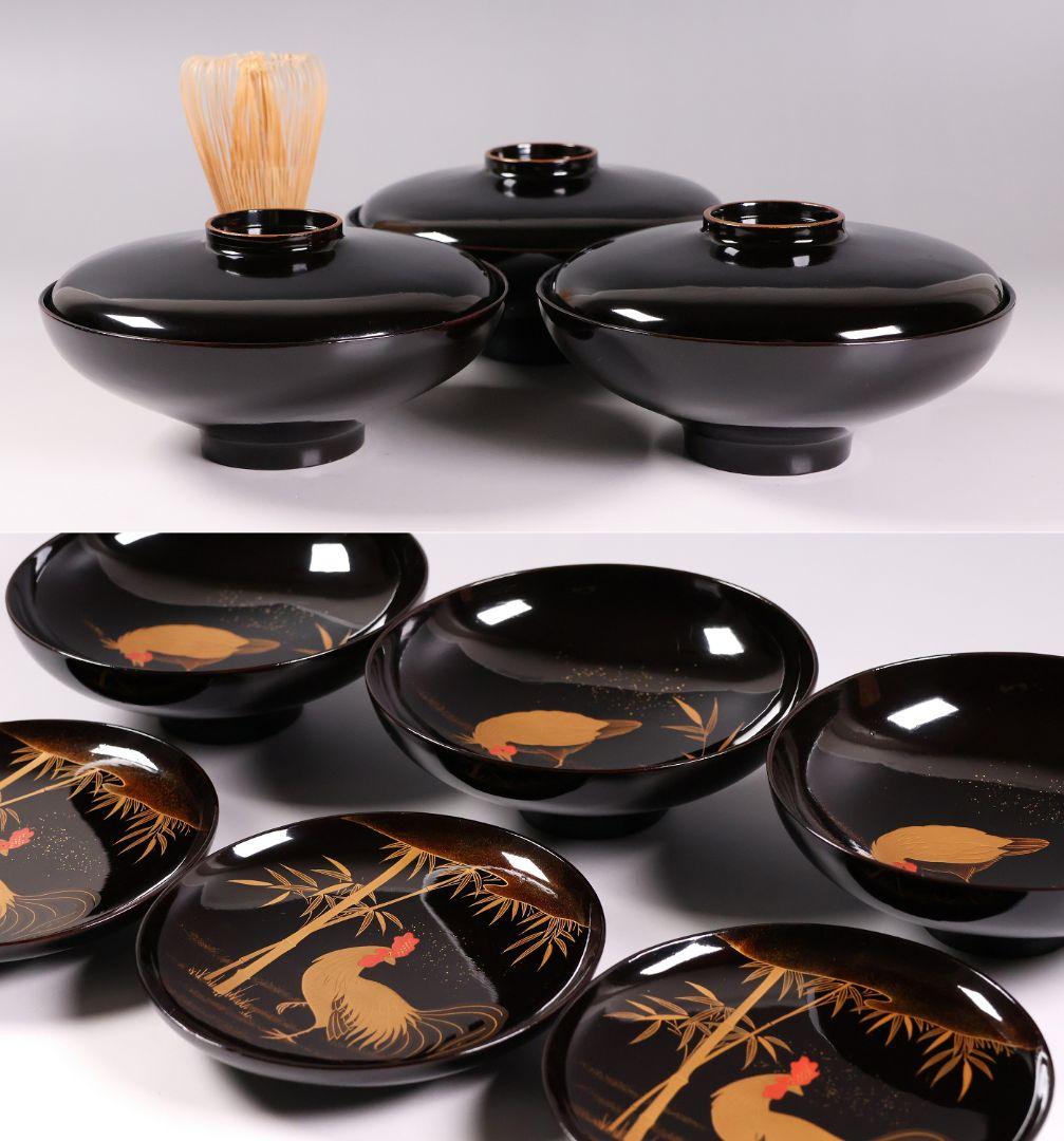 【CM353】時代蒔絵椀 竹に鶏金蒔絵 平椀三客 木製 /(検) 輪島塗加賀能登