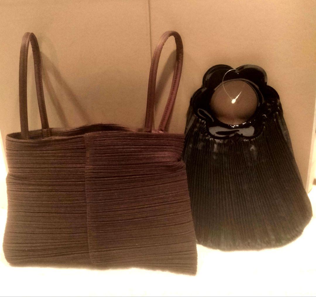 希少新品 イッセイミヤケプリーツプリーズ茶色トートバッグ変形手さげバッグ