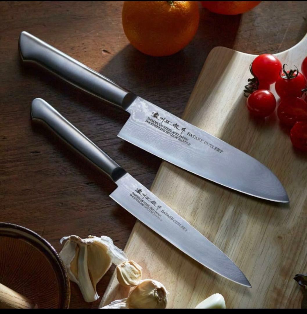 本 濃州正宗作 オールステンレスダマスカス包丁2点セット 三徳包丁ペティナイフ