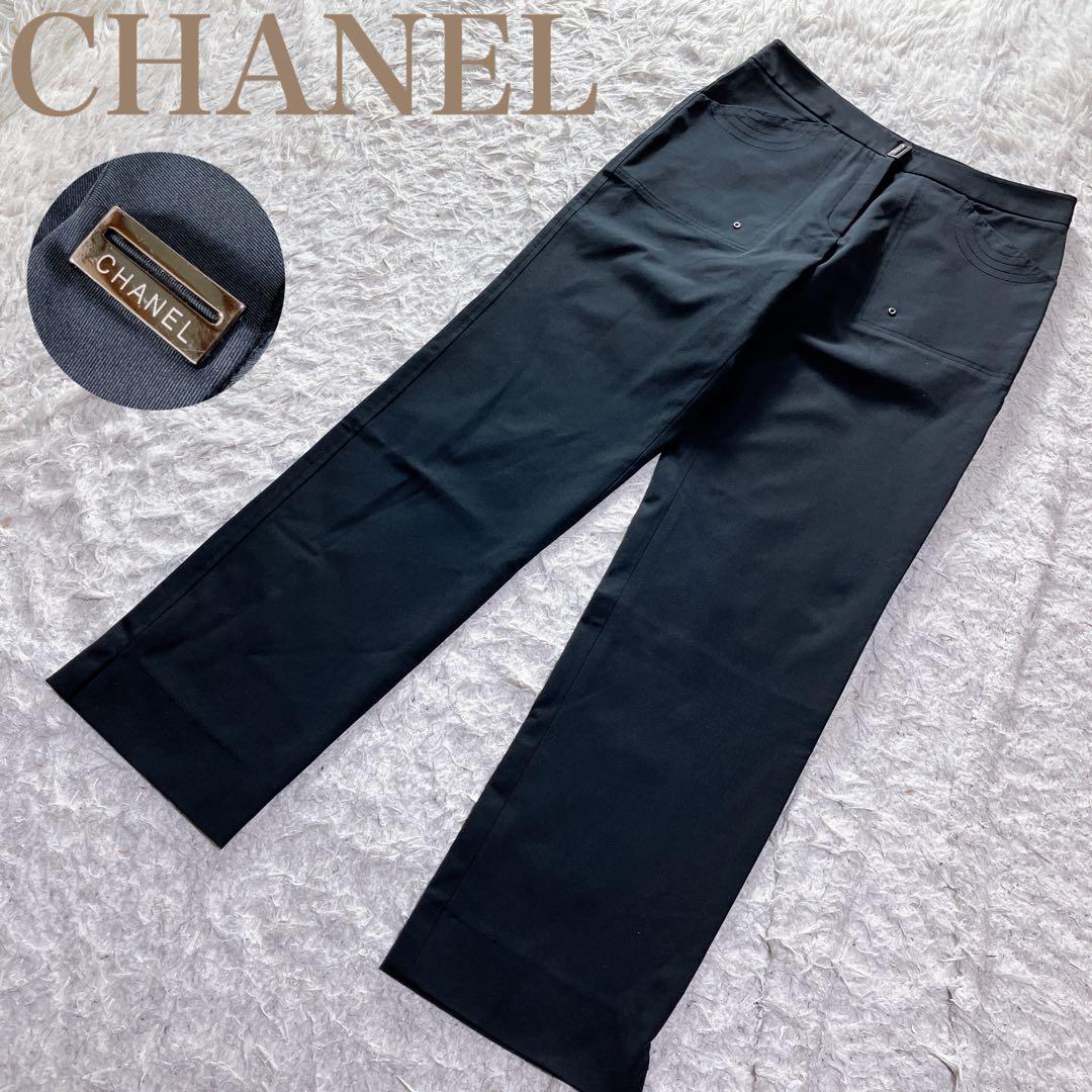 シャネル ストレッチ ロゴ金具 ココ刺繍 美シルエット パンツ ブラック 黒