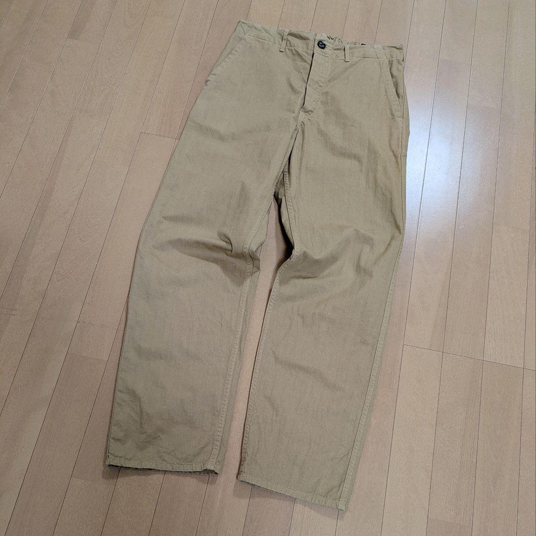 オアスロウ フレンチワークパンツ M ヘリンボーンボタンフライ カーキ日本製
