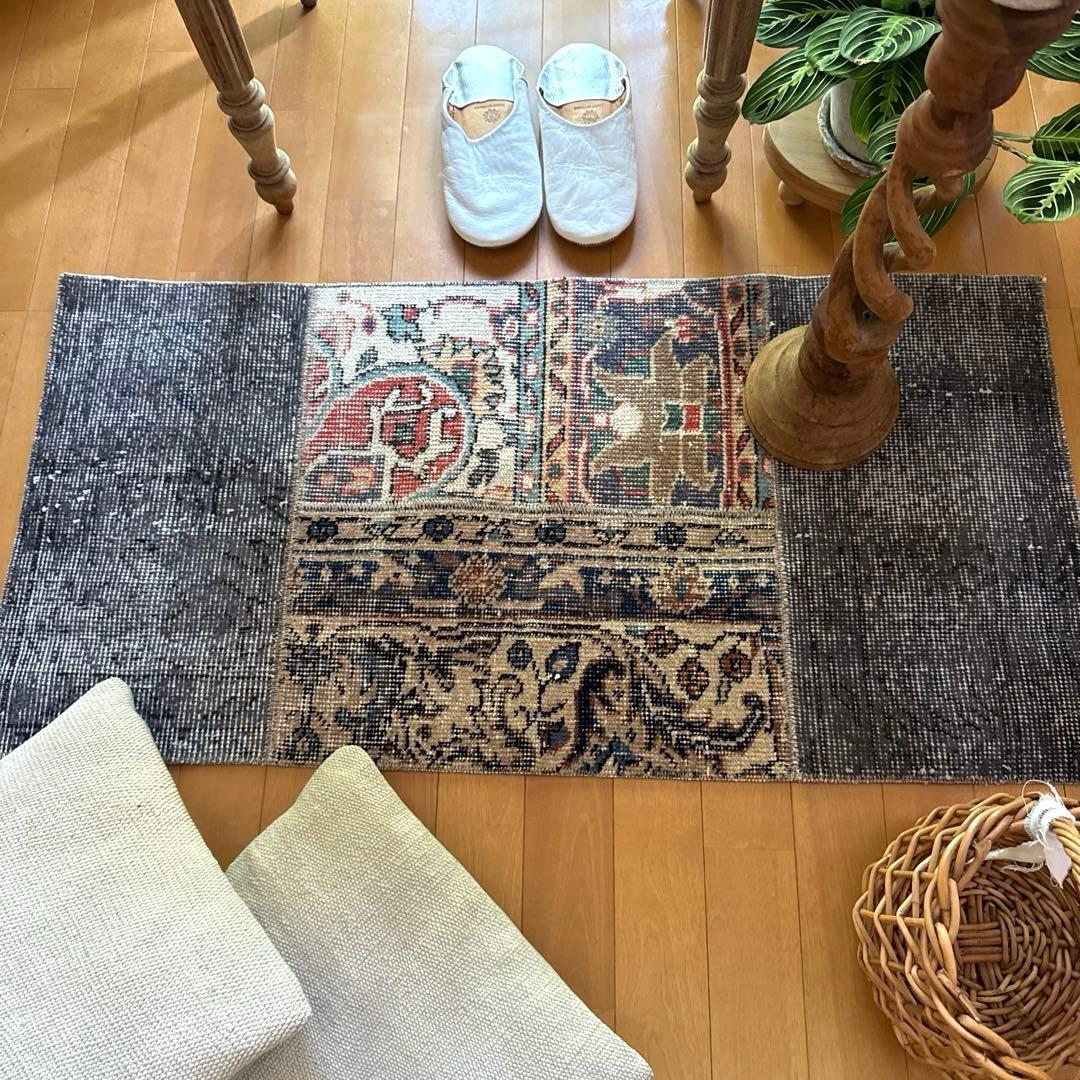 49×100 グレイ×ボタニカル　大人パッチワーク　トルコヴィンテージラグ