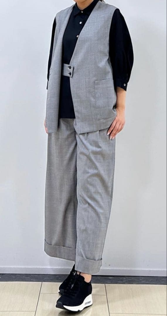 【美品】L'EQUIPE ストレッチグレンチェック ロングジレ