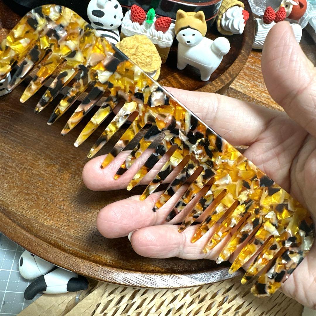 特価☆ヘアコーム65大きめスクエア型アセテートくしヘアコーム約15cm茶金色高級