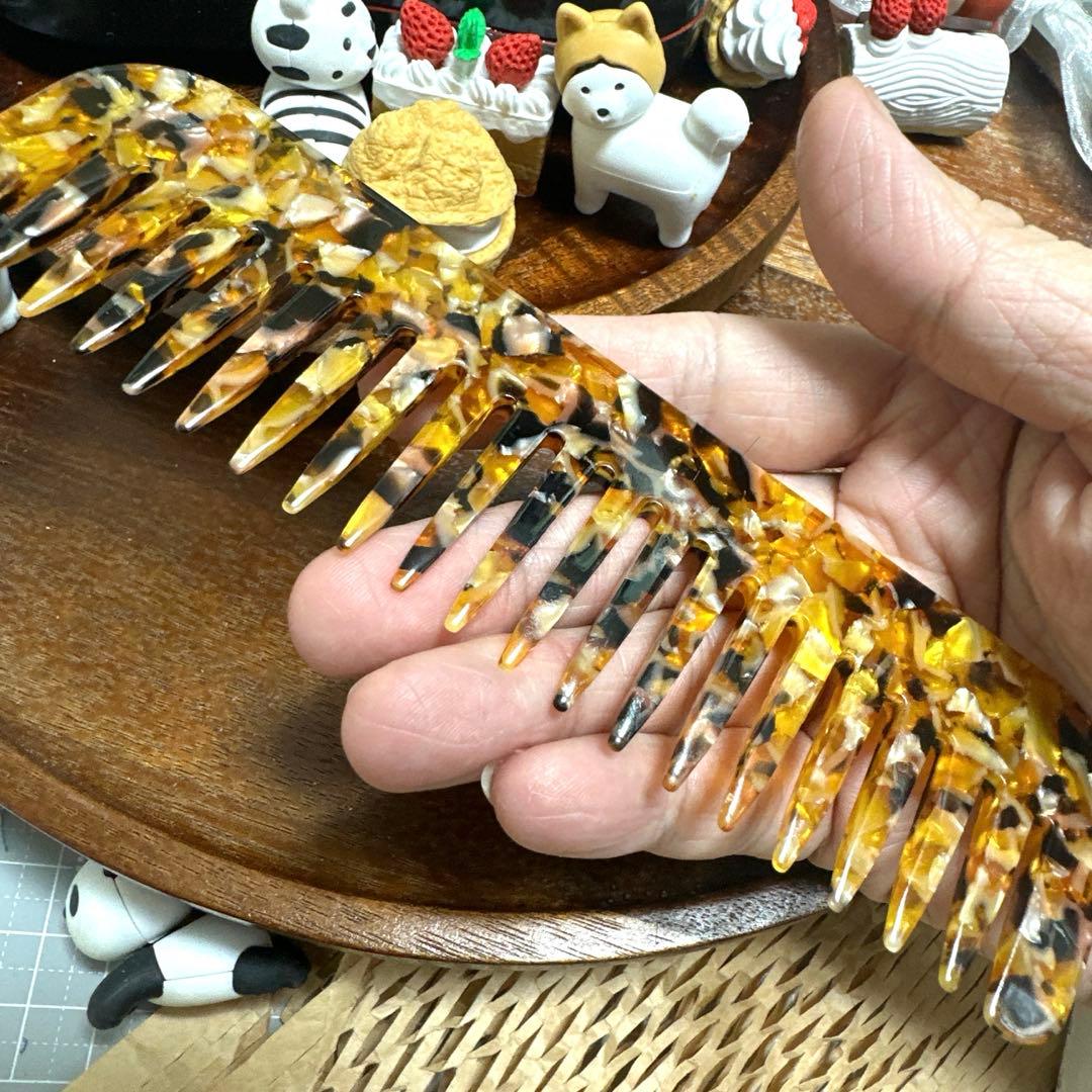 特価☆ヘアコーム65大きめスクエア型アセテートくしヘアコーム約15cm茶金色高級