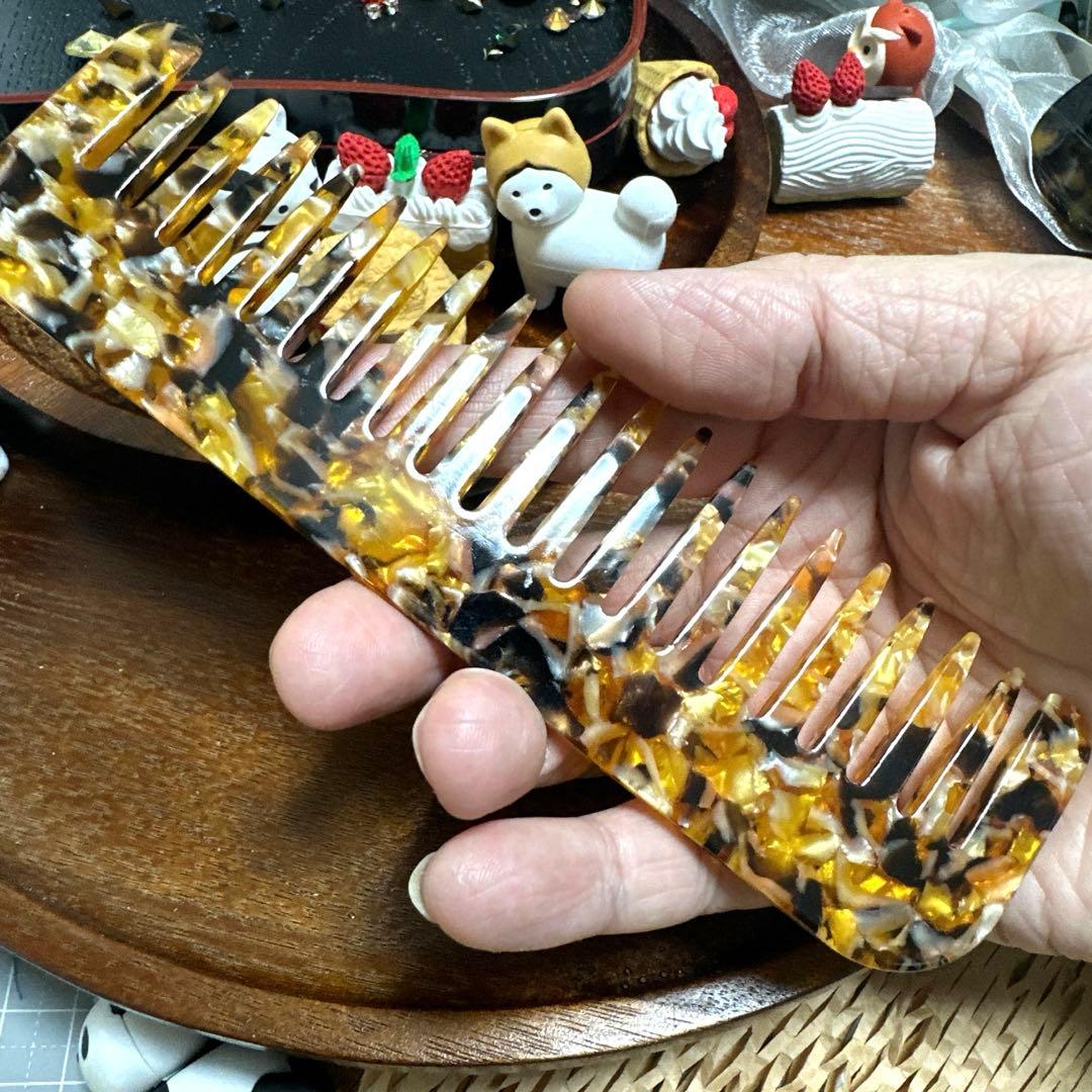 特価☆ヘアコーム65大きめスクエア型アセテートくしヘアコーム約15cm茶金色高級