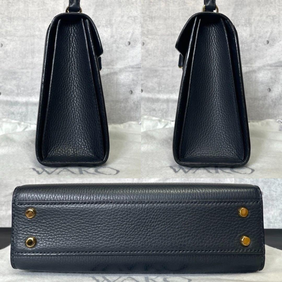 【新品同様タグ付き】WAKO 銀座和光 レザーネイビー ゴールド金具ハンドバッグ