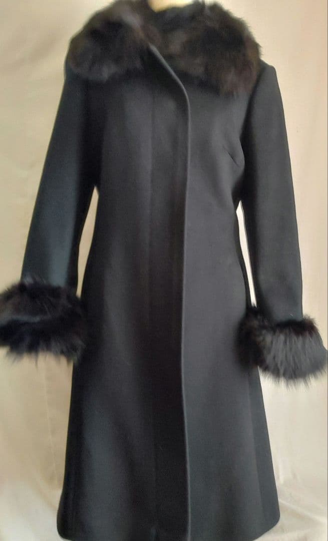 a*o様 レトロインポート ブラックロングコート 毛皮ファー ベルト付き