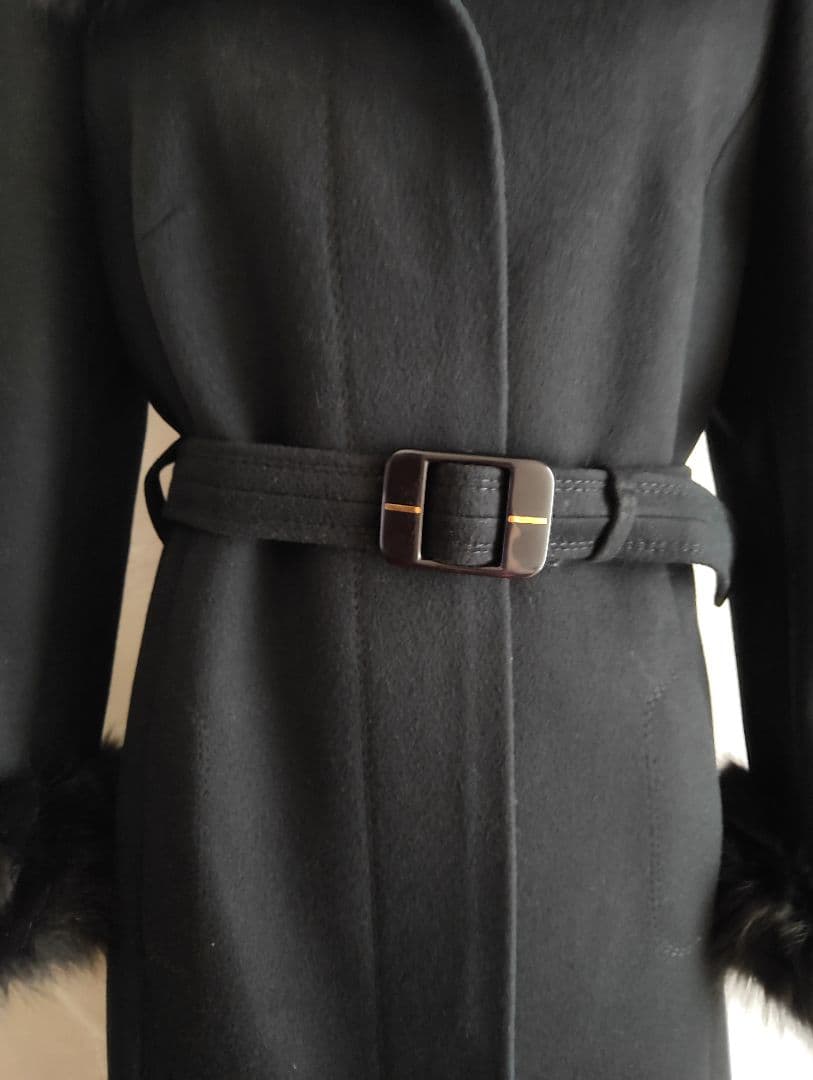 a*o様 レトロインポート ブラックロングコート 毛皮ファー ベルト付き