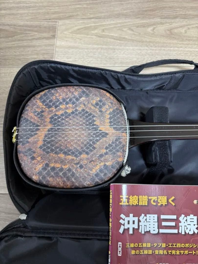 美品　沖縄三線 本革 蛇柄 強化張り 沖縄三味線 和楽器 ソフトケー