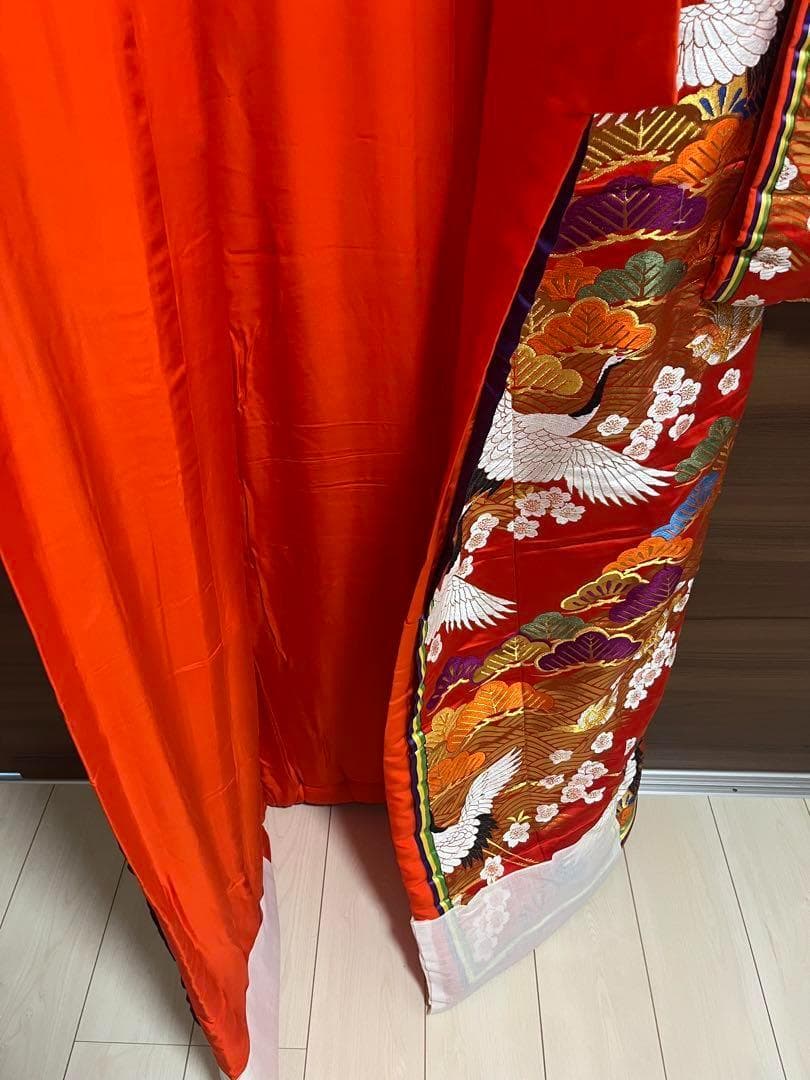 オレンジ 鶴刺繍 長襦袢　着物　色打掛
