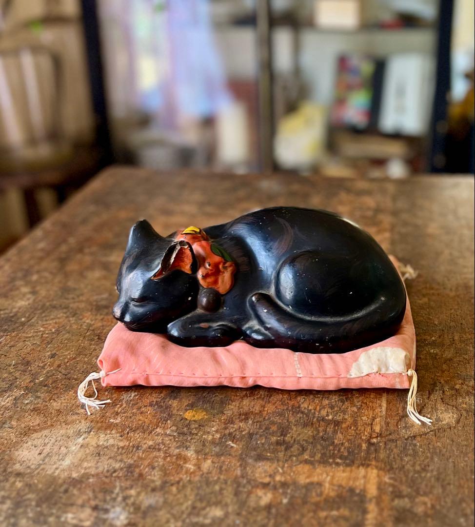 時代　アンティーク　黒猫　眠り猫　置物　レトロ　古道具　縁起物
