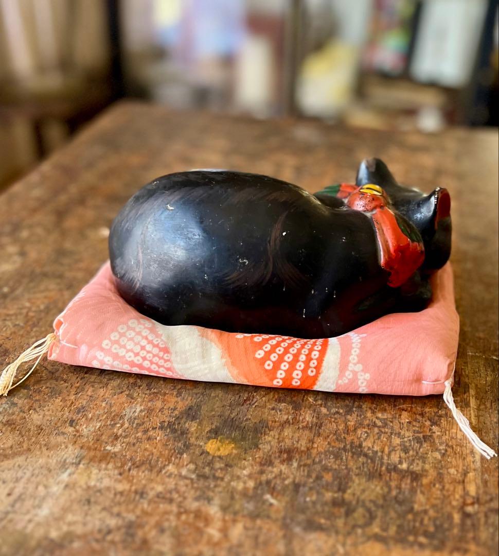 時代　アンティーク　黒猫　眠り猫　置物　レトロ　古道具　縁起物