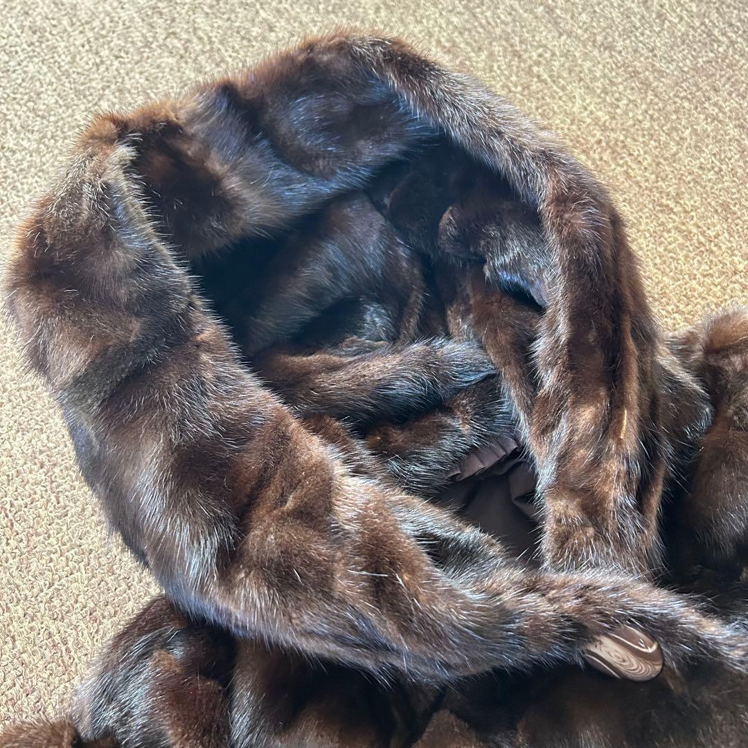 【美品】フード付き ミンク Aライン ロングコート ダークブラウン 95センチ丈