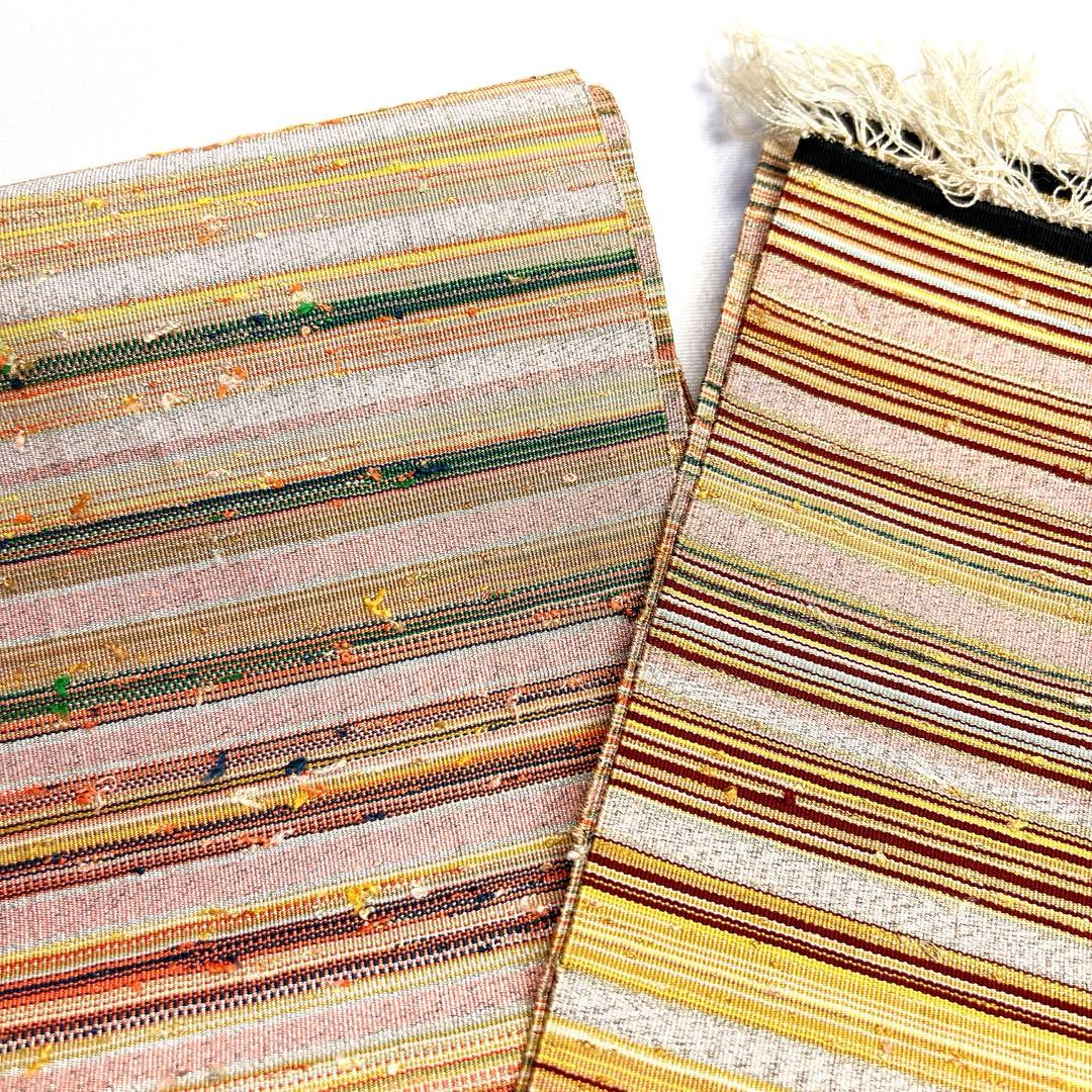 半幅帯　単衣帯　横縞　カラフル　紬　銀糸　着物　124tz