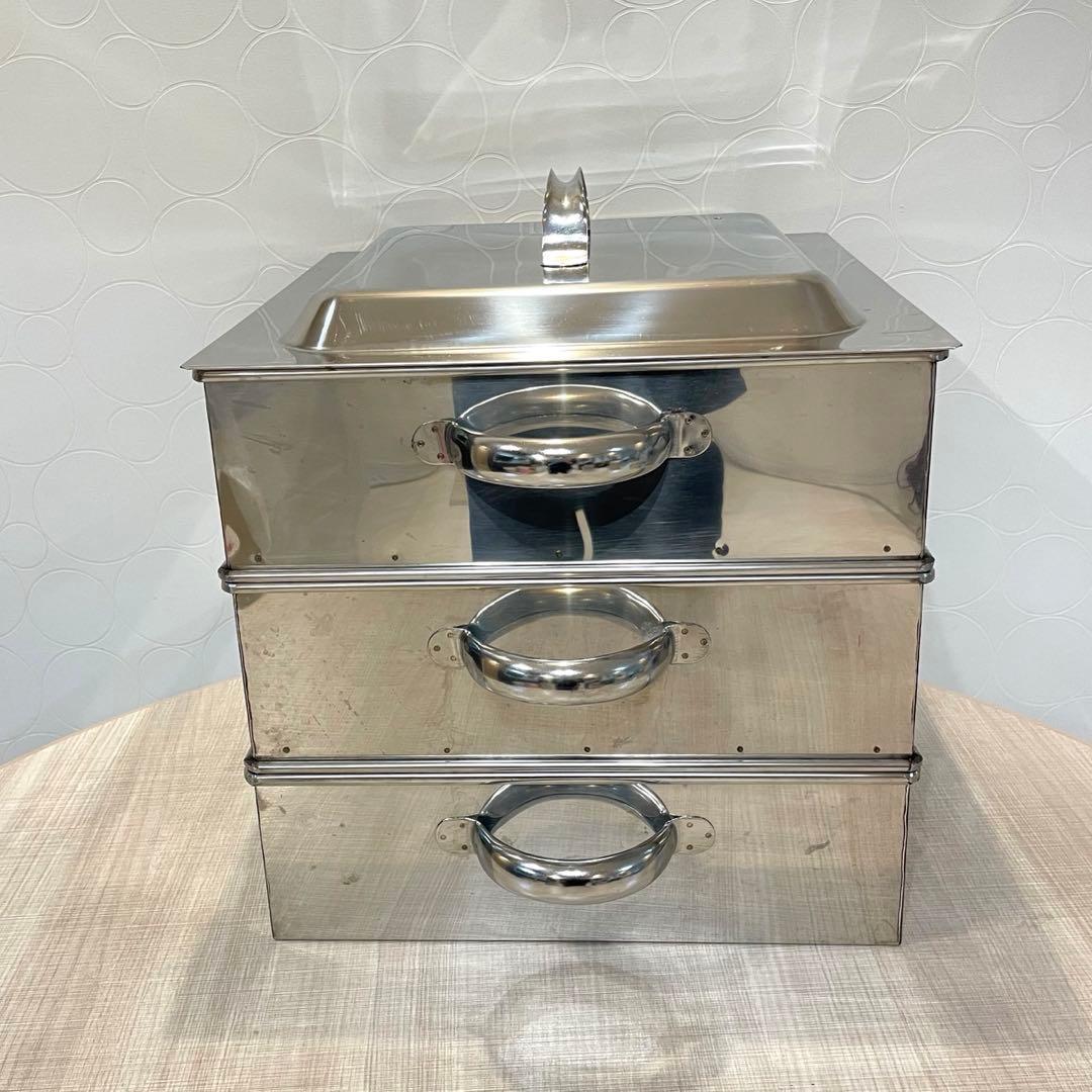 【業務用】ステンレス 角蒸し器 せいろ 三段 蓋付き 大容量　40㎝