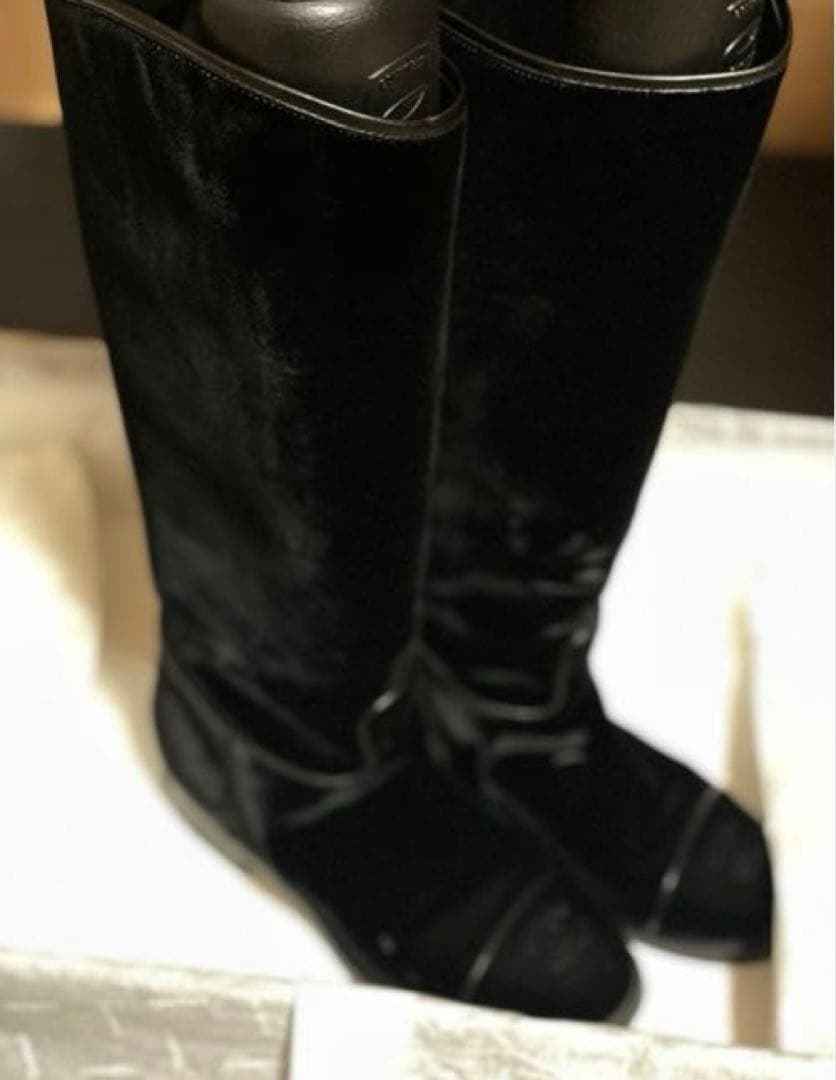 専用◇CHANELシャネルロングブーツベルベットベロアレザーCCロゴ黒本革37