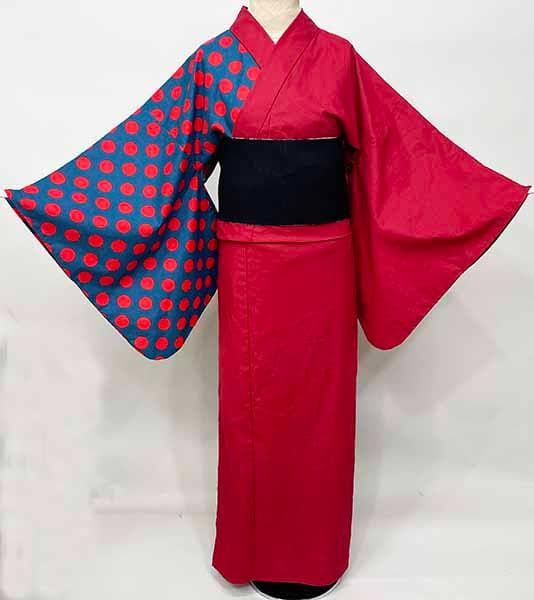 浴衣 単品 女性用 日本製 半身仕立て 綿100％ 深紅×青灰色 水玉模様