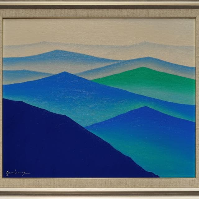 肉筆油絵◆『青のやまなみ』◆がんどうあつし作者直接真作直筆絵画F8号シルバー額付