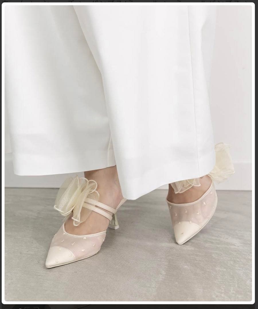 RANDA シフォンリボンハートミュールパンプス アイボリー　Sサイズ