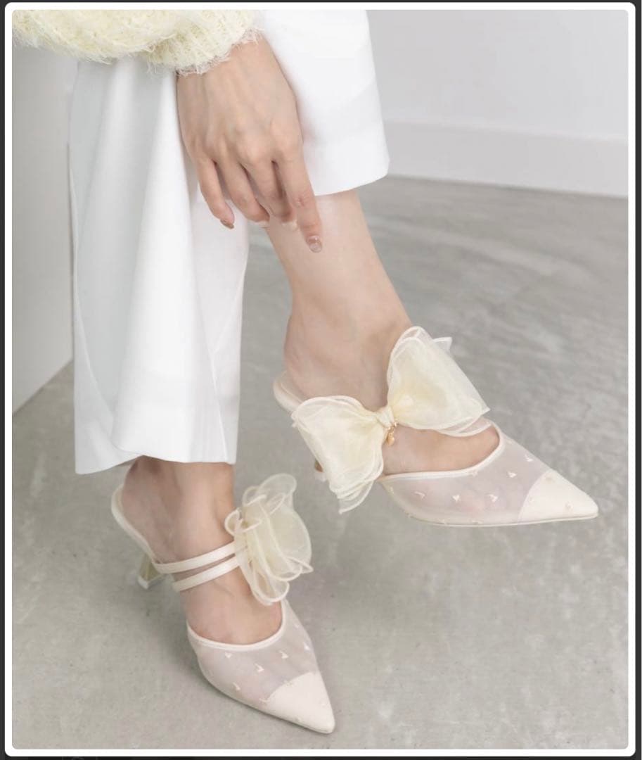 RANDA シフォンリボンハートミュールパンプス アイボリー　Sサイズ