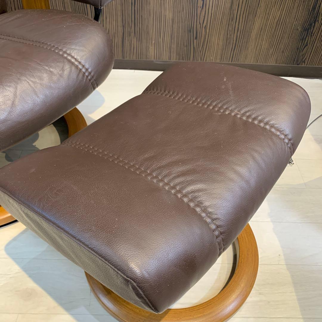 エコーネス　ブラウン レザー リクライニングチェア オットマン付き