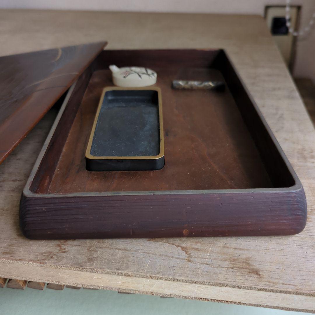 硯箱 桐の花 すすき 蒔絵 螺鈿 陶器 木製 桐 硯、水滴 筆置付 木箱 書