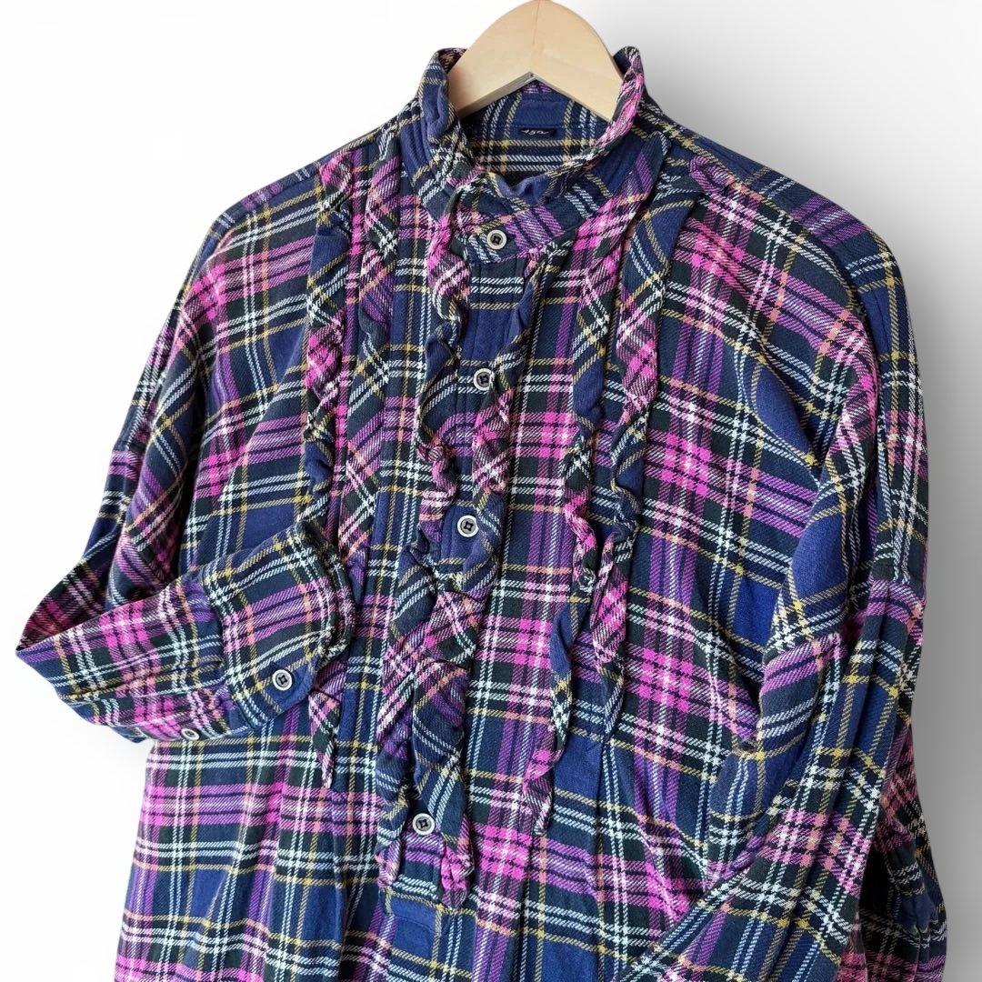 美品 45R インドネル フリルチュニック チェック 背中Rロゴ刺繍 ピンク F