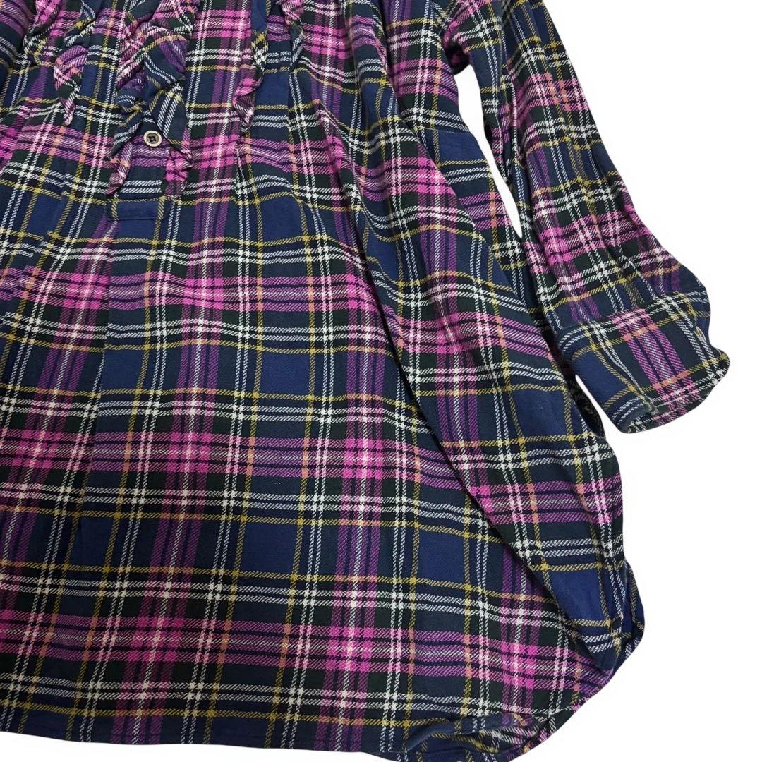 美品 45R インドネル フリルチュニック チェック 背中Rロゴ刺繍 ピンク F