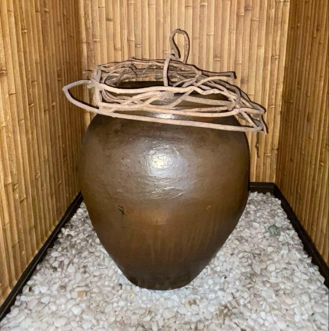 送料無料 特大 骨董 睡蓮鉢 メダカ鉢 水鉢 庭園インテリア　陶器 壺 かめ