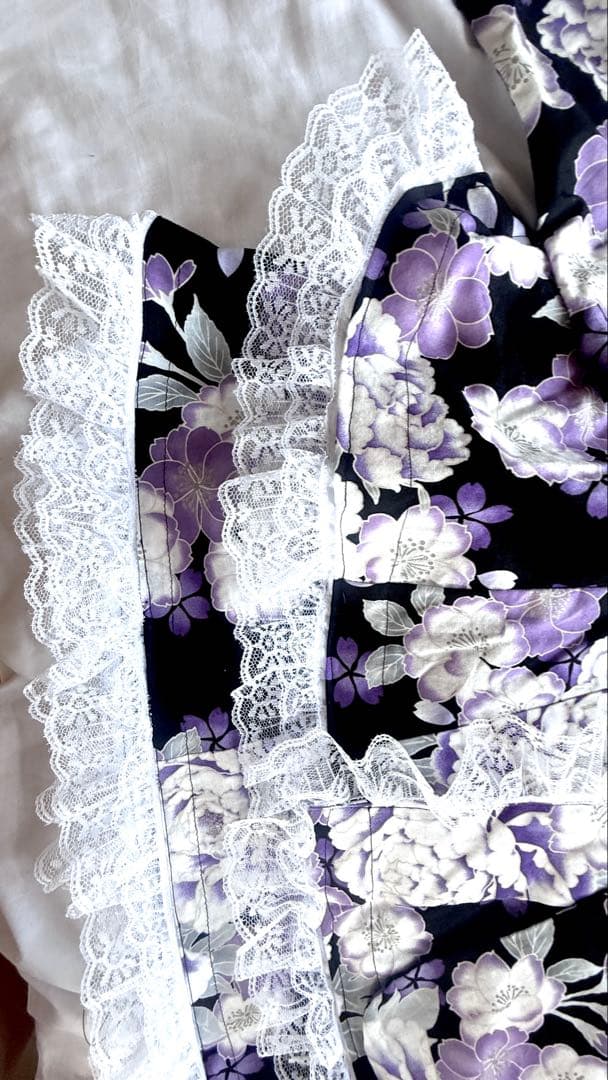 浴衣ドレス 黒紫花柄 浴衣フリフリレース フリル 姫ギャル 地雷