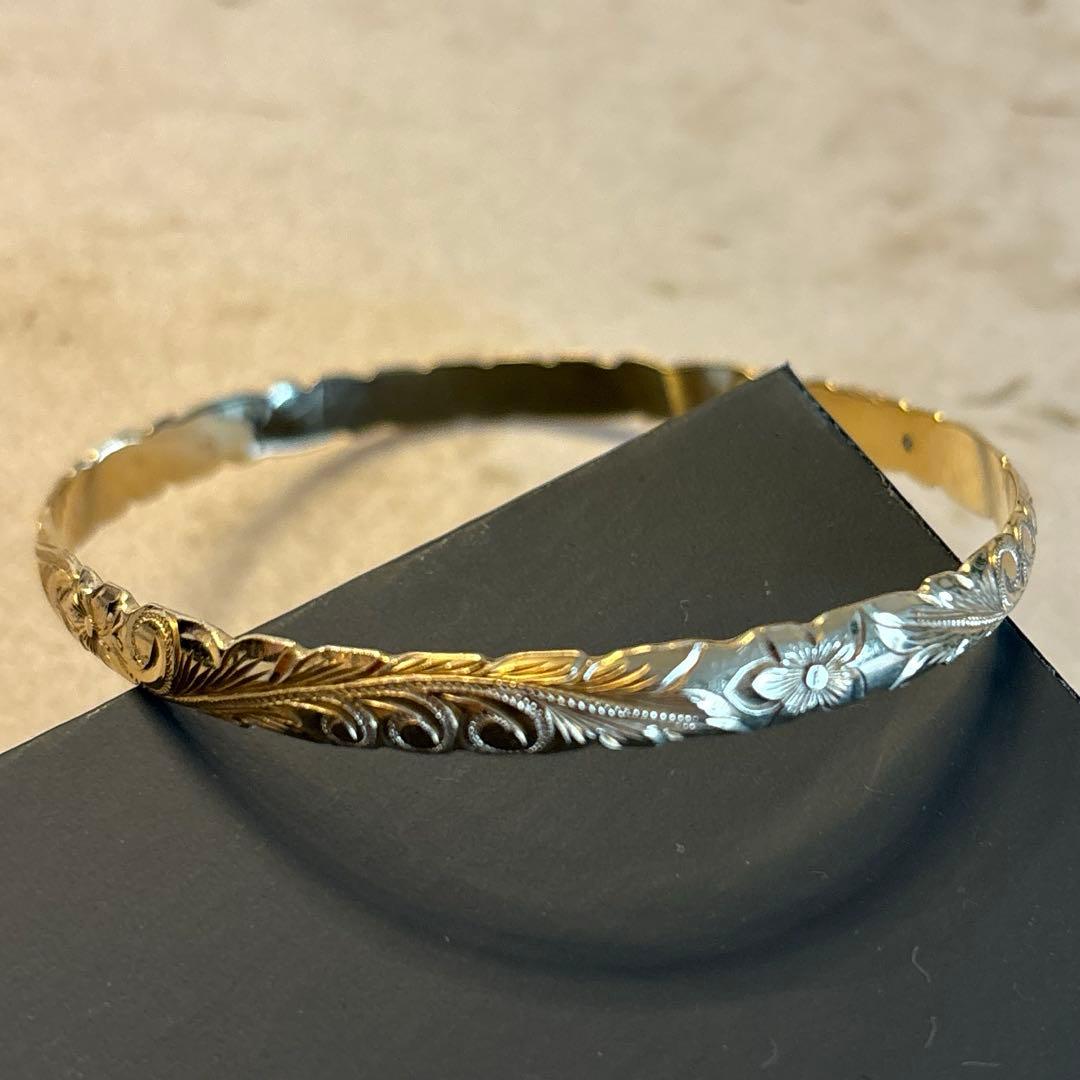 手彫りハワイアンジュエリー　バングル　オーダーメイド　Y G レディース ダイヤ