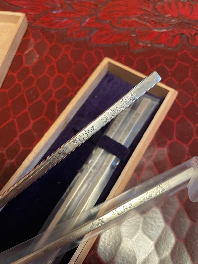 花柄純銀箸セット 木製ボックス付き