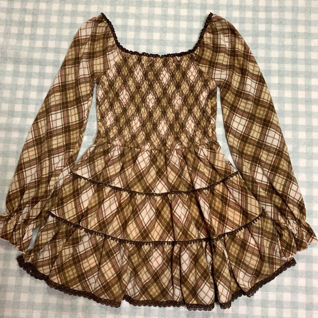 LIZLISA 希少 ブラウン ピンク チェック柄 起毛 フリル ワンピース