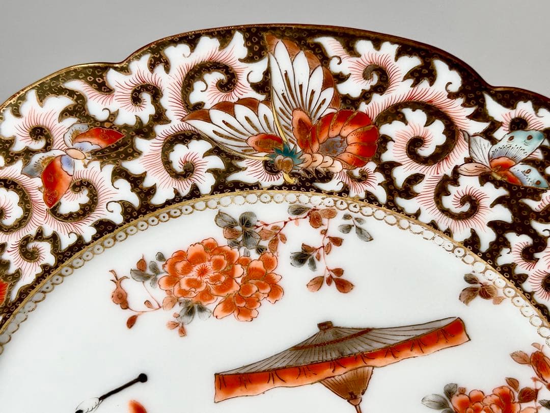 稀少 明治九谷の第一人者 松本佐平 松雲堂 赤絵金彩唐子図中皿 九谷焼