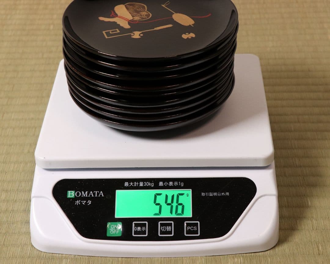 漆芸 時代 宝尽くし図 金蒔絵 黒塗 木皿 九客 天然木 明治大正 【CM59】