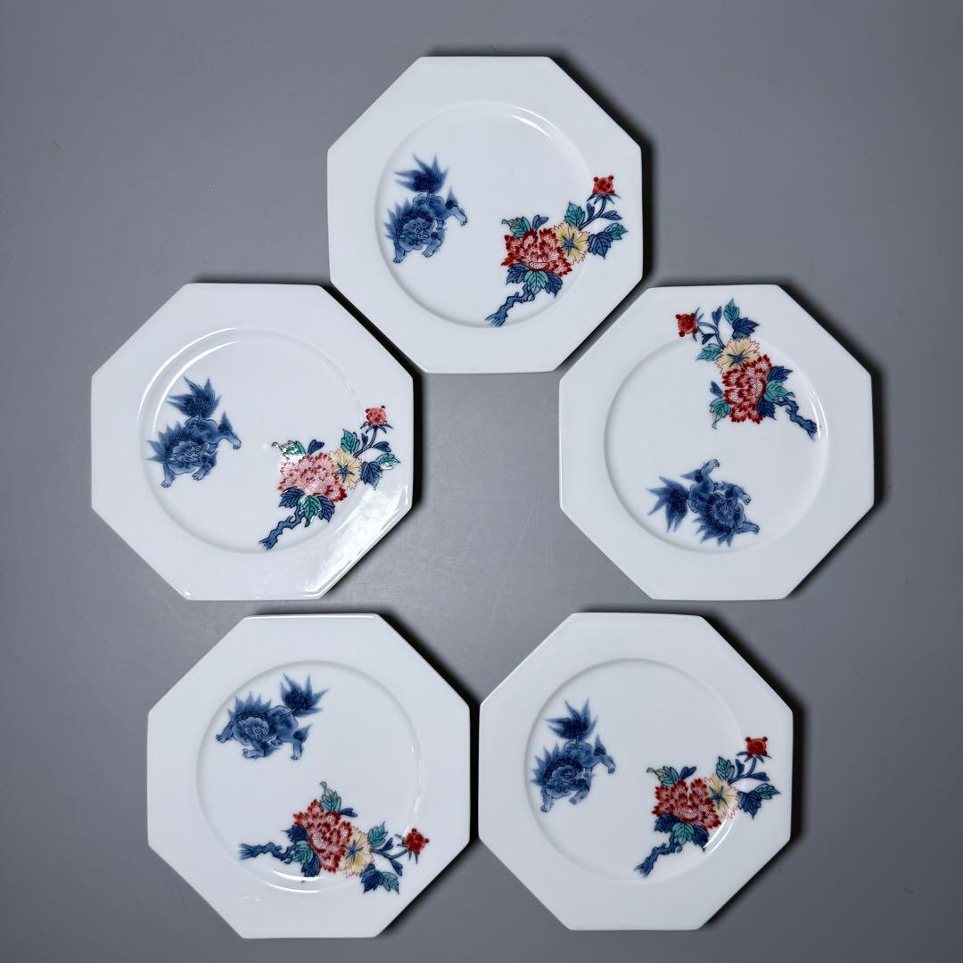 人間国宝　十三代　今泉今右衛門　高級ライン　色鍋島獅子牡丹高台皿　五点揃い　共箱